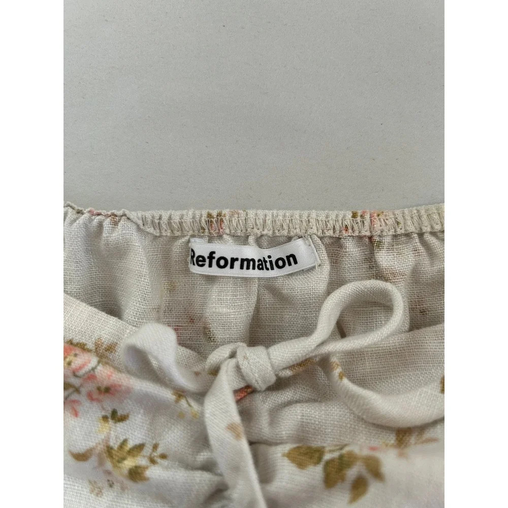 Reformation Linen Floral Smocked Puff Sleeve Top Cream Sweetheart Neck Size‎ S